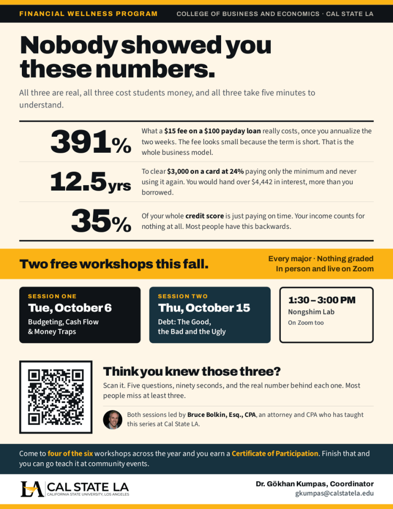 Fall 2026 Financial Wellness workshop flyer, 'Nobody showed you these numbers': two free workshops on budgeting and on debt, in person and on Zoom.